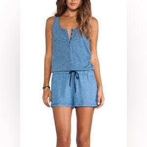 Splendid Chambray Denim Blue White Striped Partial Button Sleeveless Romper M
